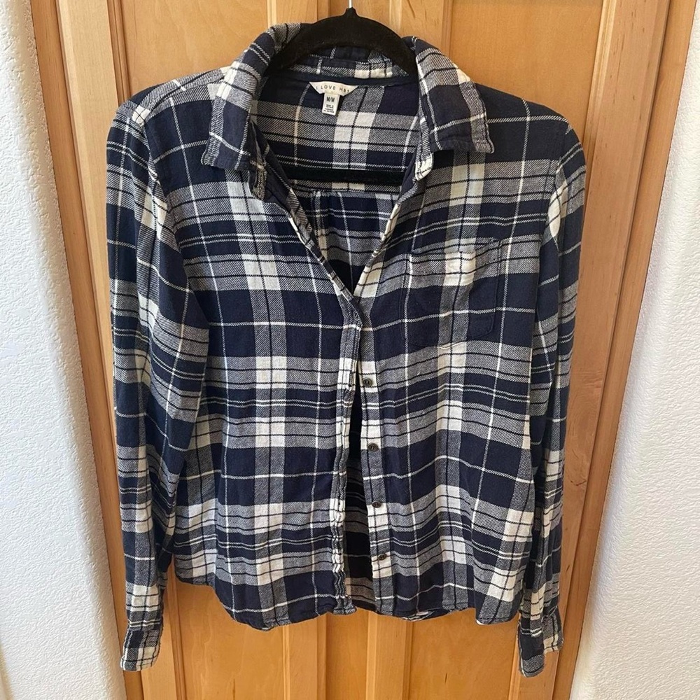 Women’s Navy Blue and White Plaid Long Sleeve Button Up Shirt - Size Medium